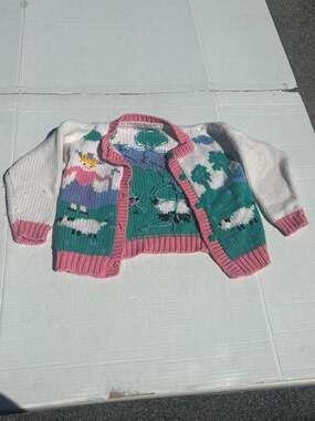 Vintage Celebration Hand Knit Pastoral Sheep Scene Cardigan Sweater Kids 2-4